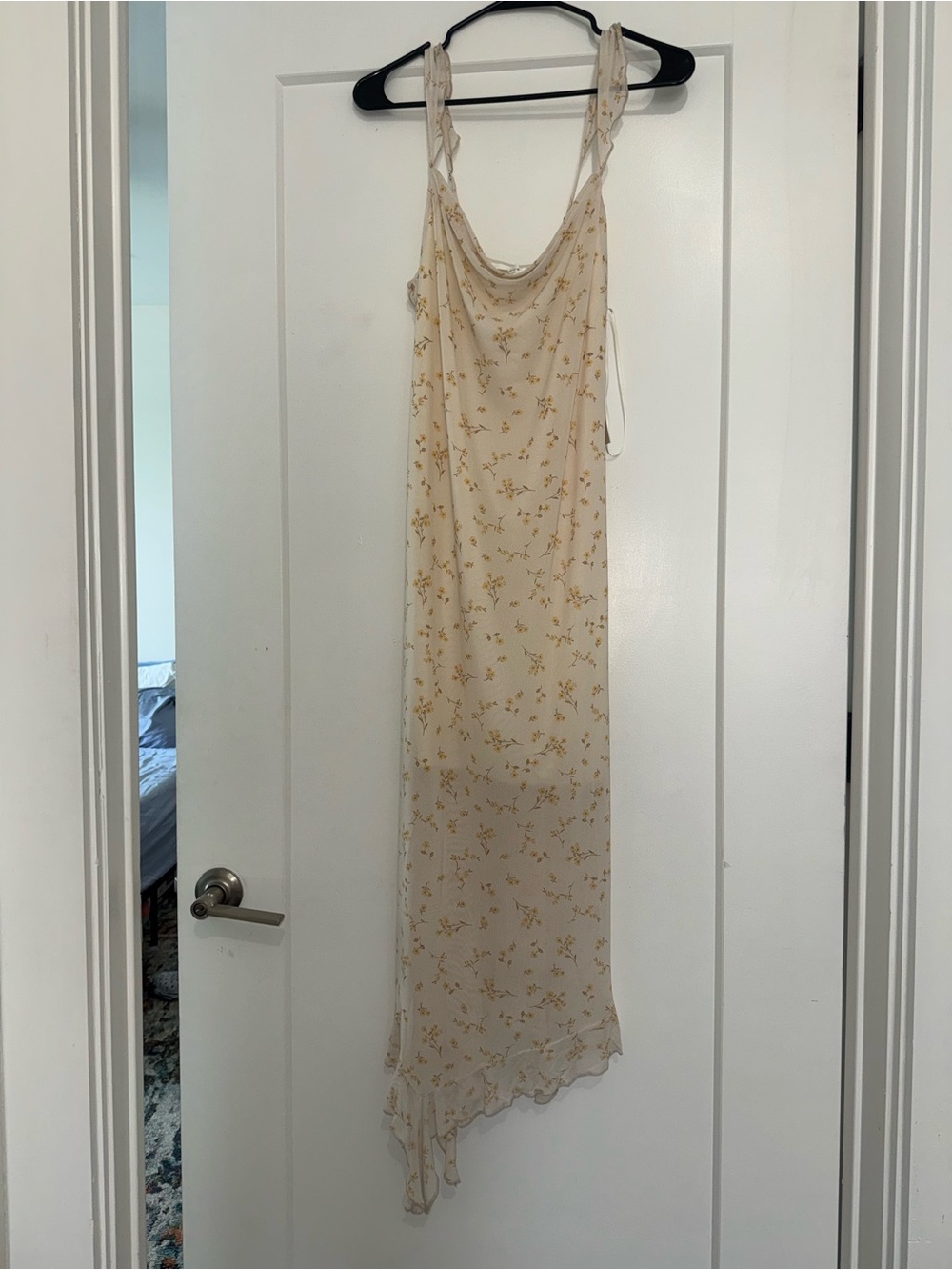 Marshall’s Cream Slip Dress with Gold Floral Print and Lace Straps